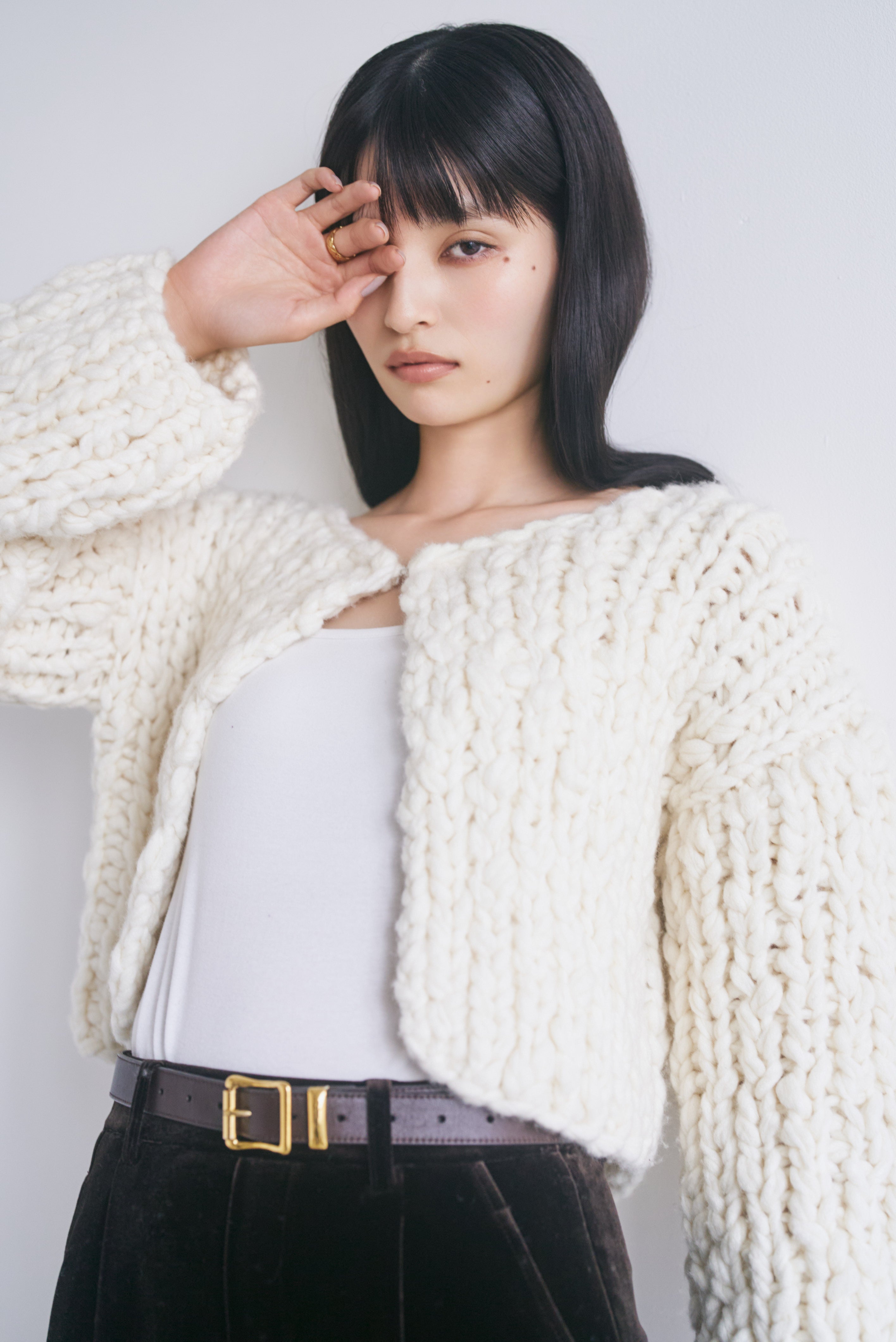 NOBLE ウールジャンボスラブハンドニットカーディガン HAND KNIT 白 NEPAL HAND KNIT [ネパールハンドニット] 別注 ハンドニット